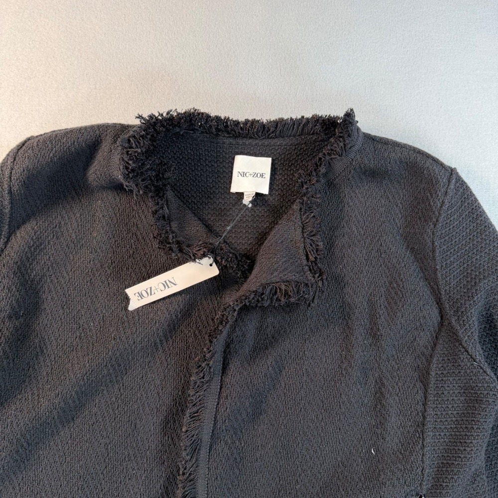Nic + Zoe Black Textured Knit Frayed Trim Jacket XL NWT Zip Pockets Button Cuffs - Picture 6 of 8